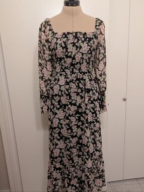 Betsy Johnson Smocked Maxi Dress - Black with Pink Floral